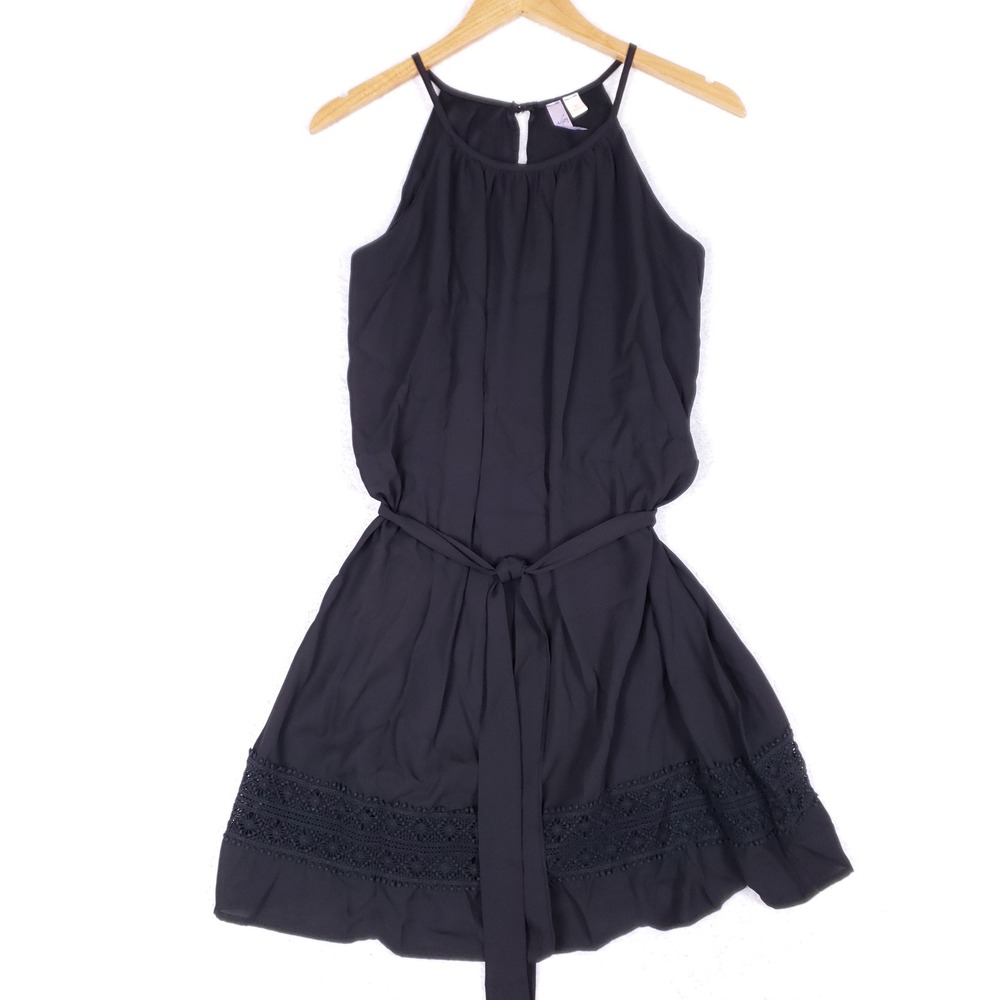 Alya Black Halter Mini Dress Crochet Lace Trim Keyhole Back LBD Boho Chic,